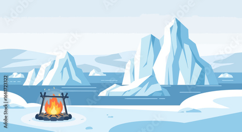 Arctic Landscape With Icebergs And Campfire Scene On A Frozen Land