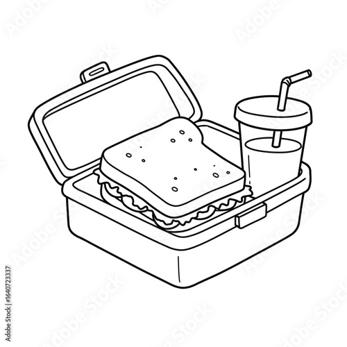 Coloring Book Open Lunchbox with Sandwich and Drink Black and White Line Art.