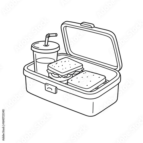 Coloring Book Open Lunchbox with Sandwich and Drink Black and White Line Art.