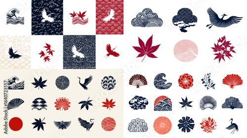 Elegant Japanese traditional motifs including cranes, maple leaves, waves, and clouds in classic red, blue, and white colors, inspired by ukiyo-e art.