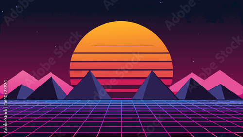 retro eighties vaporwave sunset pastel mountains