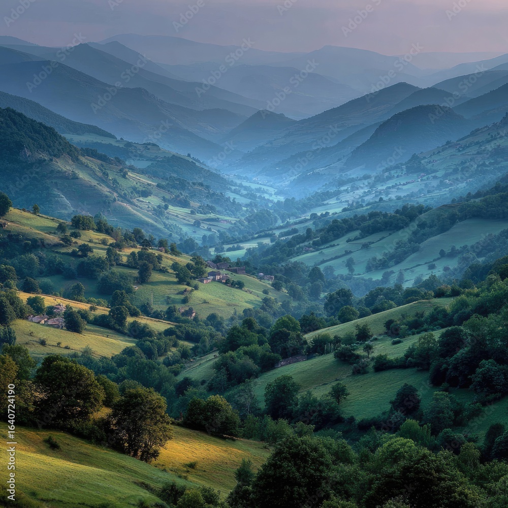 Fototapeta premium Misty mountain valley, lush green hills