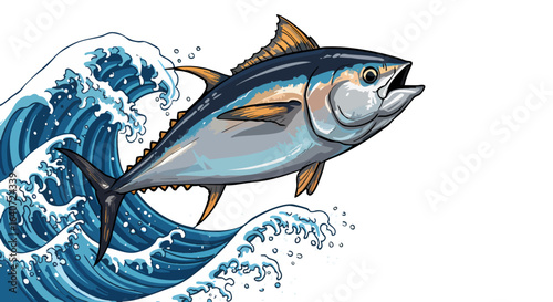 Vibrant Tuna Leaping Ocean Wave,  Japanese Style, Transparent Background Illustration