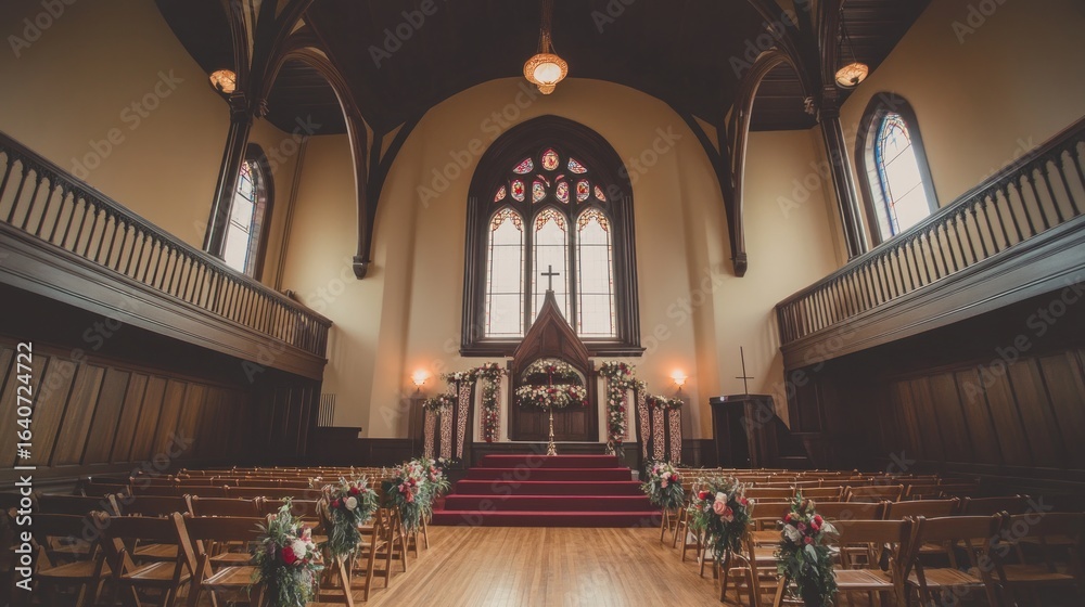 Obraz premium Elegant church interior prepared for a wedding ceremony with floral decorations ready for a