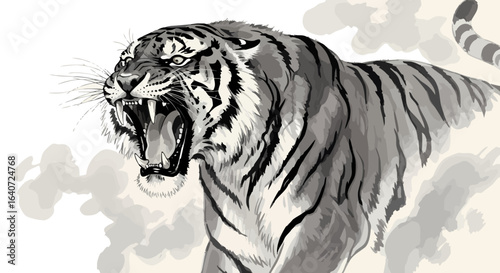 Aggressive Roaring Tiger, Monochrome Style, Transparent Background, Vector Illustration