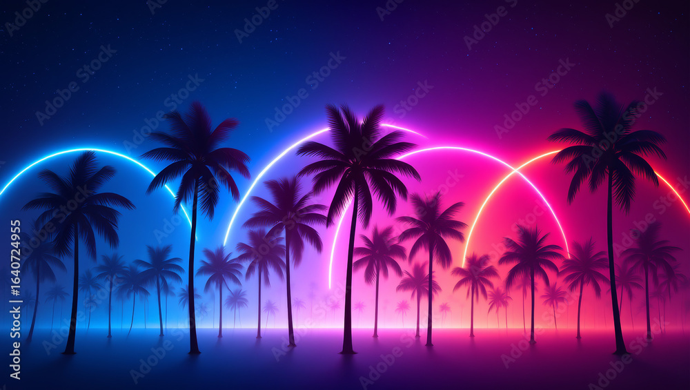 Naklejka premium A dusky coastal landscape under a starry sky. Silhouetted coconut palms stand against fading sunset hues, while distant city lights and neon signs glow along the shore