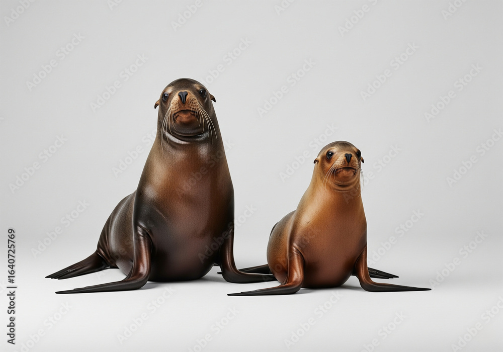 Fototapeta premium An adult and juvenile sea lion pair posing together in a studio portrait. A concept of animal family, companionship, and wildlife.