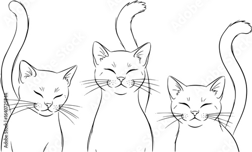three cute cats sitting, minimalist line art, simple black outline, white background