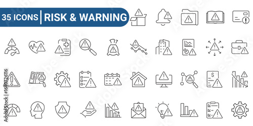 Thirty five linear icons depict risk, alarm and warning, suitable for cautionary materials, presentations, infographics, and web design projects. editable stroke. vector illustration