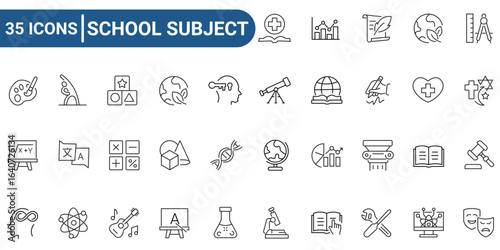 Thirty five outline icons of school subjects suitable for educational projects, websites, presentations, and teaching materials. Versatile and informative. editable stroke. vector illustration