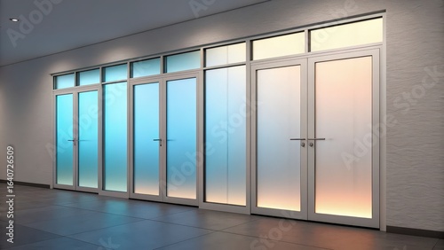 Modern frosted glass doors with gradient blue and orange lighting in a sleek hallway, contemporary architectural interior, office or residential design inspiration
