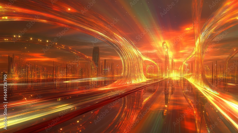 Obraz premium Futuristic city at sunset with glowing energy pathways.