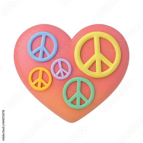 Heart shape filled with colorful peace signs representing love, unity, and global harmony