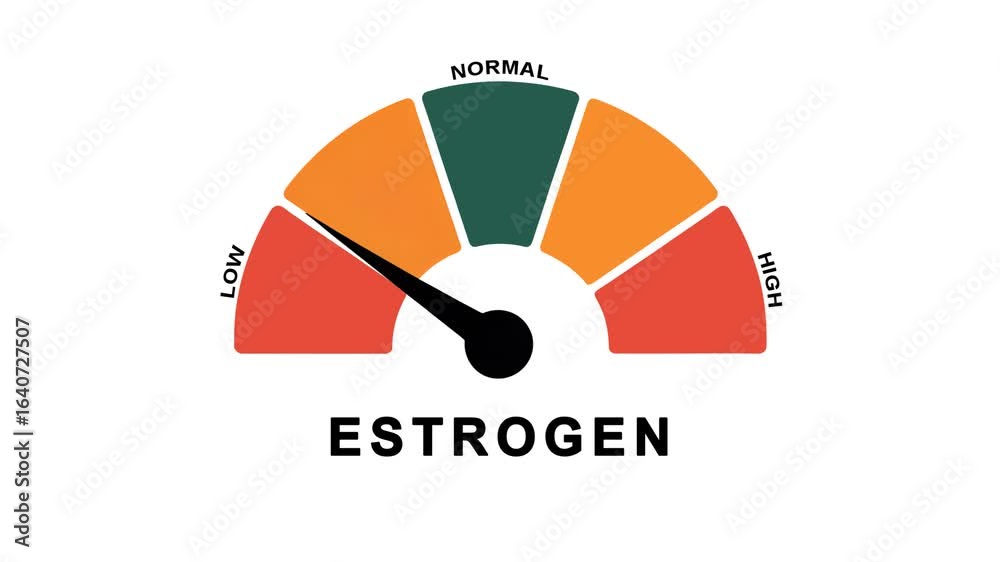 Animated estrogen level meter decreasing from normal to low level, for concepts related to low estrogen, hormone imbalance, and women’s health awareness