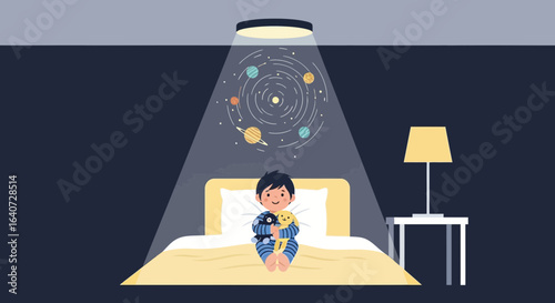 Boy in pajamas, dream of space, looking at the solar system in the room, before sleep, happy mood, with his stuffed animals in the bed