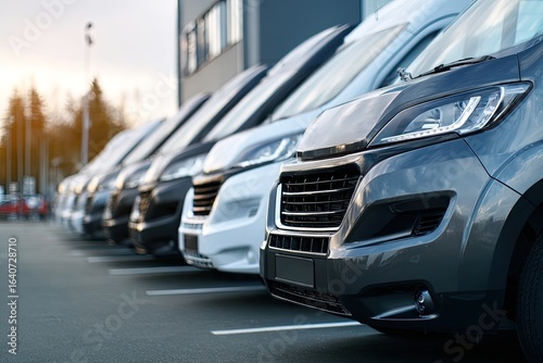 Row of camper vans in a parking lot.  Modern vehicles, various colors, lined up neatly.  Urban setting.  Dusk or dawn light