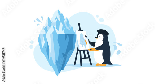 Artistic Penguin Painting An Iceberg Cartoon Concept Vector Illustration