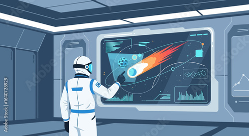 Astronaut Analyzing Comet Trajectory On High Tech Screen In Space Station