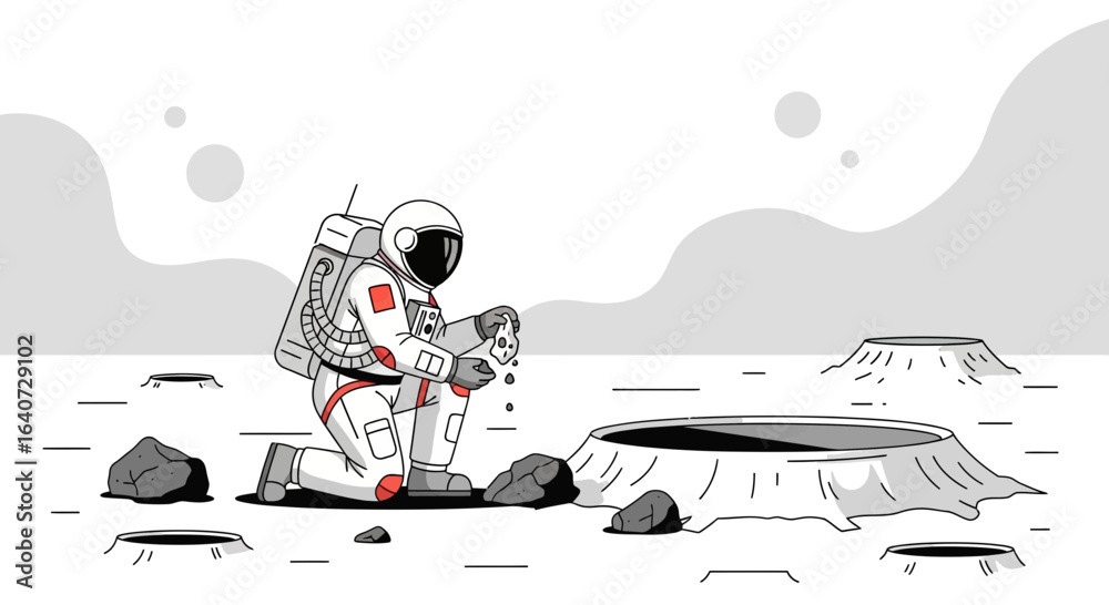 Obraz premium Astronaut Conducting Mineralogical Research On Lunar Surface Illustration Concept
