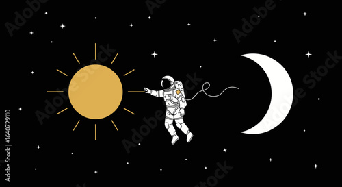 Astronaut Connecting Sun And Moon With a Line In Space Background