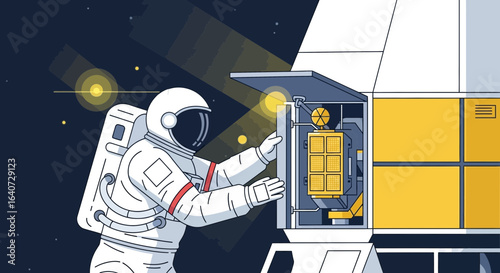 Astronaut Connecting Equipment During Spacewalk Mission With Outer Space Ambience