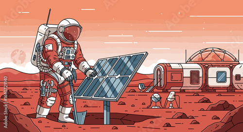 Astronaut Constructing Solar Panels on Mars for Sustainable Energy Solution