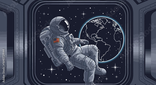 Astronaut Contemplates Earth From Spaceship Window In Peaceful Serenity
