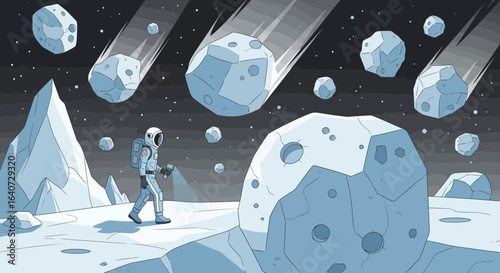 Astronaut Explores Distant Planet During Meteor Shower Space Expedition Concept