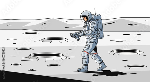 Astronaut Explores Lunar Surface With Digital Device During Space Mission