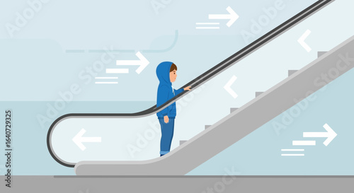 Boy on Escalator Illustration Conveying Movement and Modern Transportation Design Element