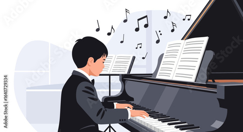 Boy performs classical music, pianist playing musical instrument, grand piano