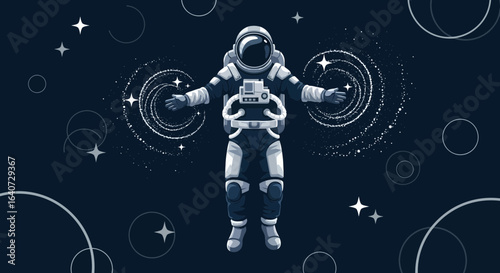 Astronaut Exploring Magic Galaxy in Outer Space with Stars and Light Trails