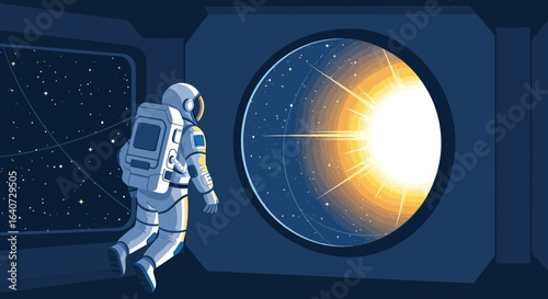 Astronaut Floating Inside Spaceship Gazing At Distant Sun Exploration Concept