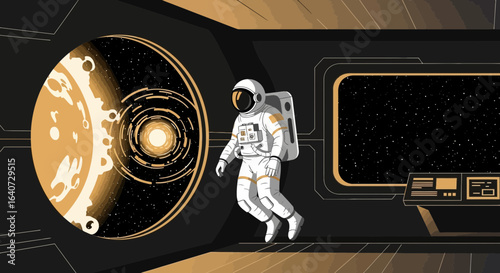 Astronaut Floating In Space Station Interior Exploring The Vast Universe