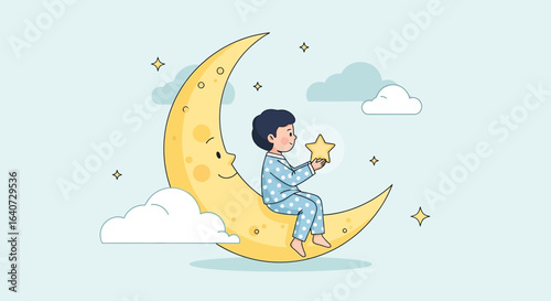 Boy Reaching For A Star While Sitting On The Moon In Pajamas Vector Illustration