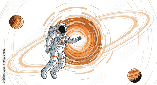 Astronaut Floating Near A Black Hole And Planets With Rings In Outer Space