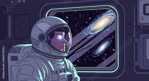 Astronaut gazes at distant galaxies from the spaceship window showcasing the vastness of space