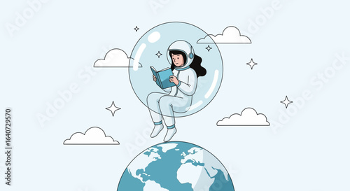 Astronaut Girl Reads In Space Resting On Earth Trendy Illustration