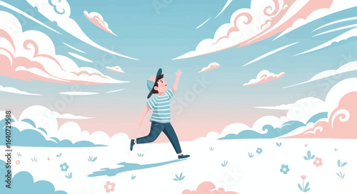 Boy Reaching for the Sky Running Through Field Under Pastel Clouds
