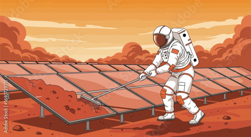 Astronaut Maintaining Solar Farm on Mars Surface Future Space Exploration