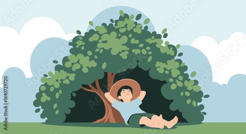 Boy Relaxing Under a Shade Tree on Summer Day in Serene Cartoon Scene