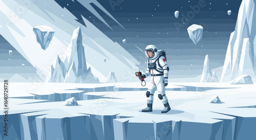 Astronaut Investigating Frozen Planet Landscape With Radio Communication Walkie Talkie