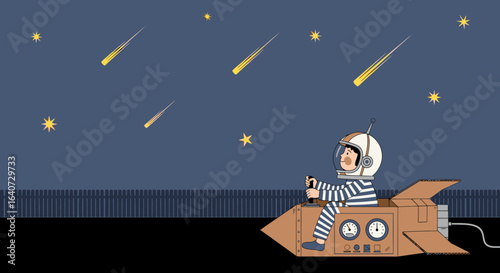 Astronaut Kid Exploring The Cosmos Riding a Cardboard Rocket On a Starry Night
