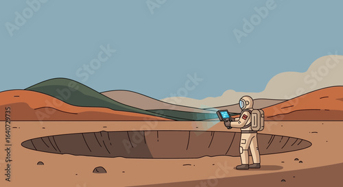 Astronaut Investigating Mysterious Hole on Mars During A Space Mission