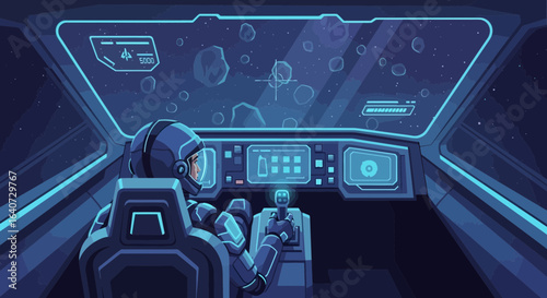 Astronaut Navigating Spaceship Through Asteroid Field With Futuristic Technology