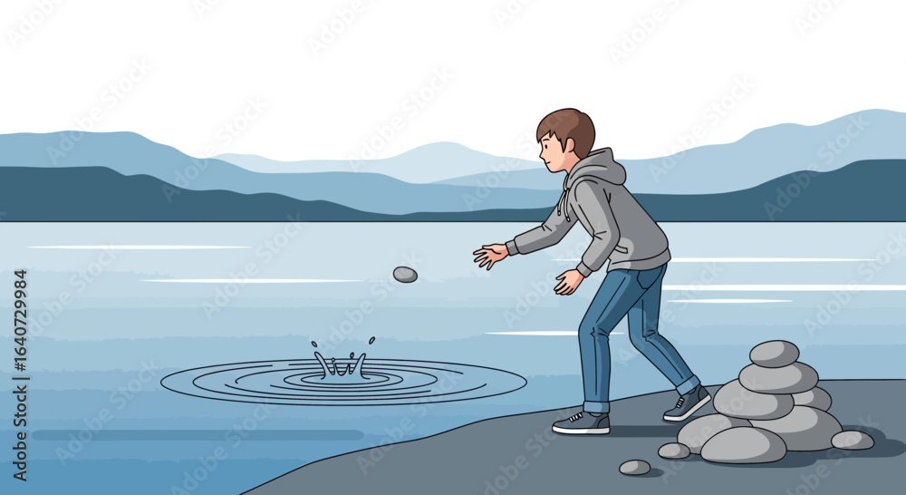 Obraz premium Boy Skipping Stones On Serene Lake With Mountain Backdrop In Minimalist Style