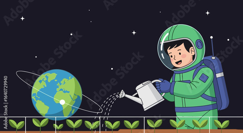 Astronaut tending to a garden on another planet symbolizing environmental stewardship