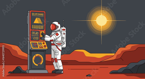 Astronaut Using Solar Charging Station On Mars Surface For Space Exploration