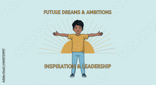 Boy Spreading Arms Representing Future Dreams Ambitions And Inspiration Leadership