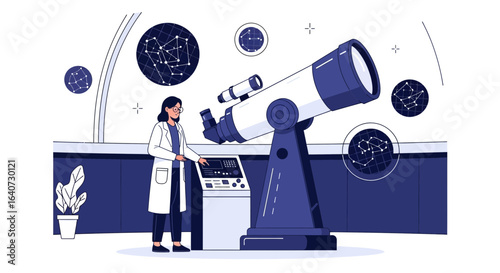 Astronomer Observing Stars And Galaxies Through Telescope In Observatory